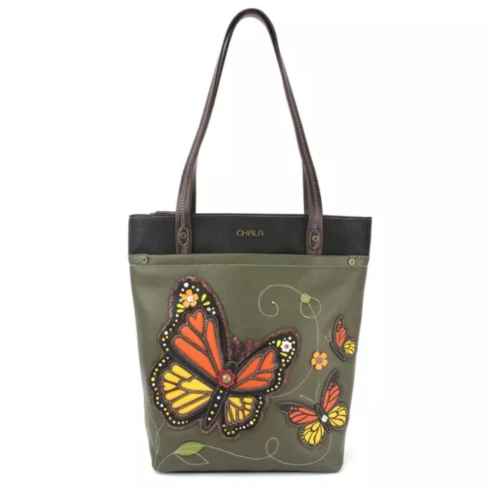 New Chala Everyday Deluxe Tote Bag Medium Vegan MONARCH BUTTERFLY Olive Green